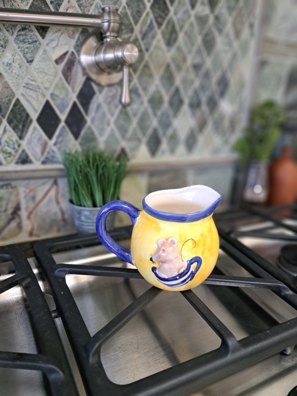 Yellow Ceramic Creamer Pitcher with Blue Accent and Mouse Motif